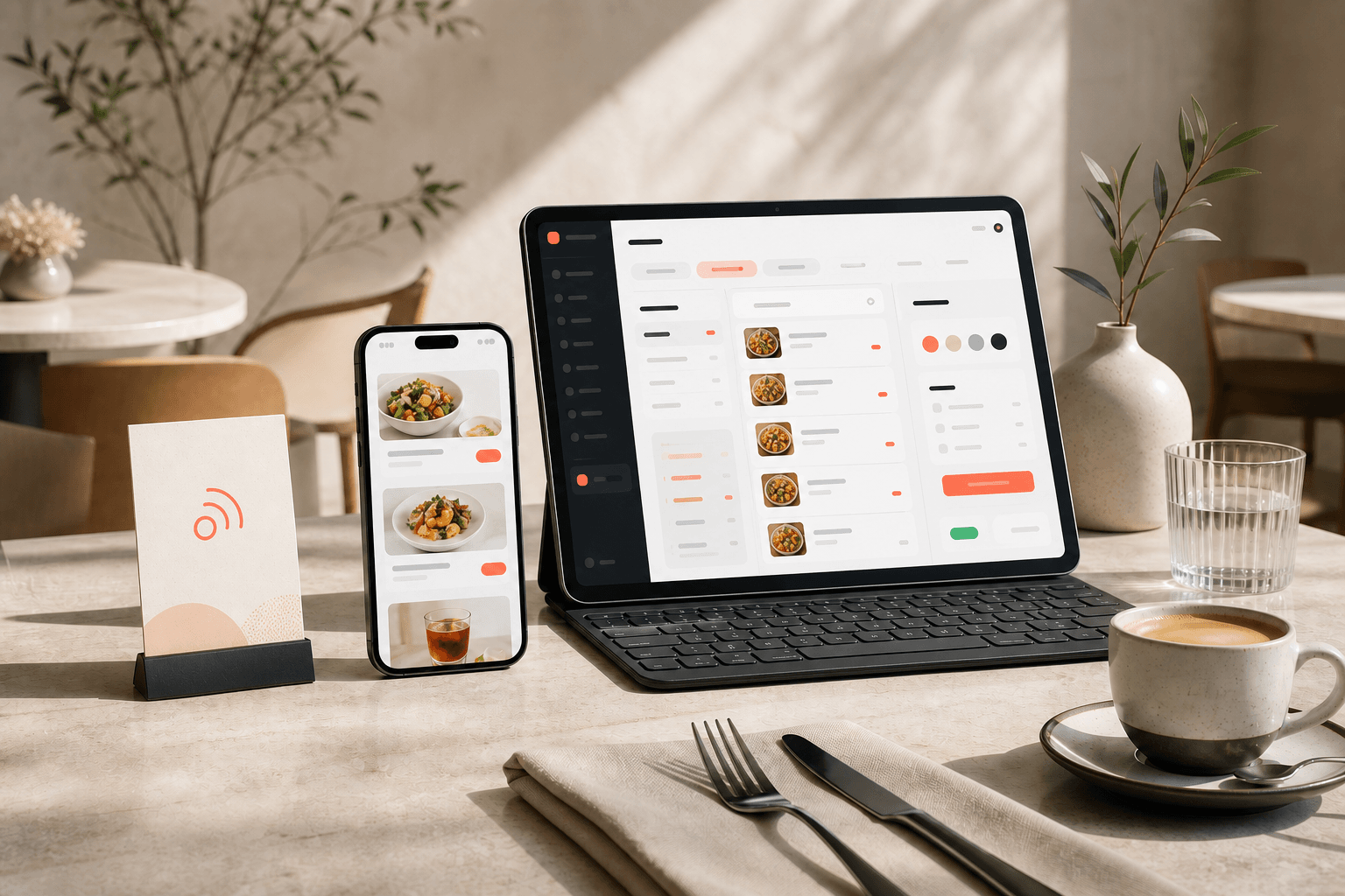 Modern bir kafe masasında Menuaro mobil menüsünü gösteren telefon, menü yönetim ekranını gösteren tablet ve masa kartı.