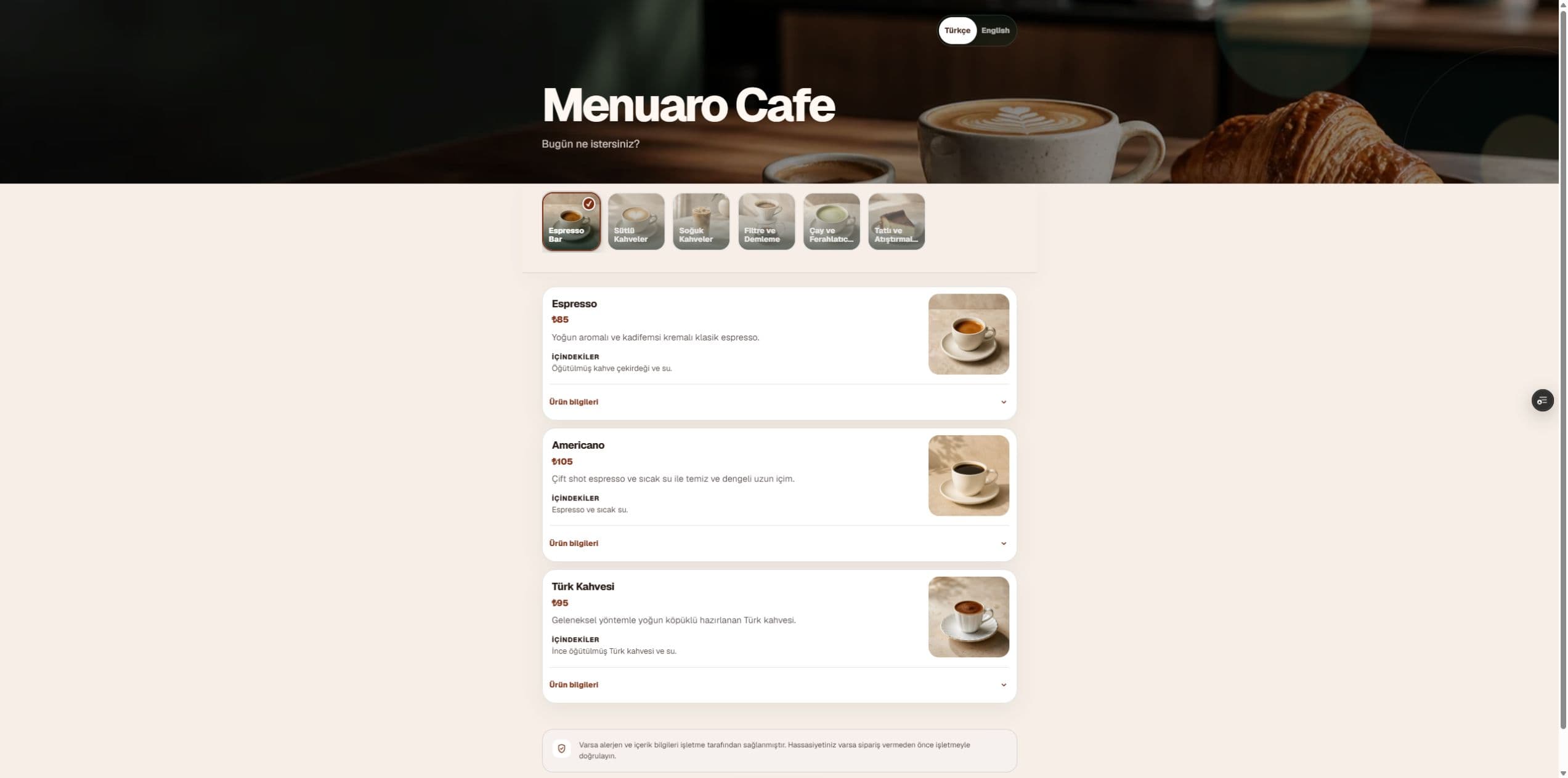 menuaro.app/m/coffee-co pilot menüsünün kapak alanı, kategori seçenekleri ve ürün kartlarını gösteren canlı görünümü.